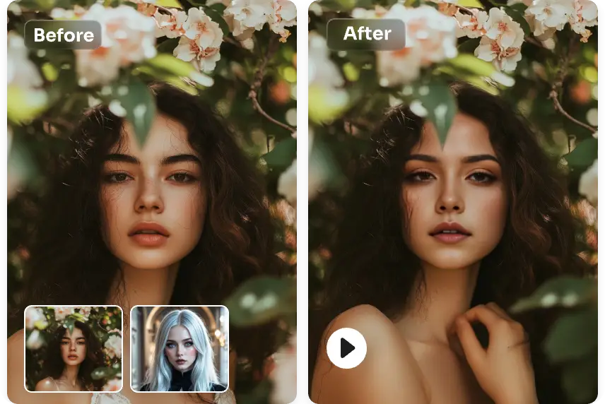 change face with a beautiful lady surrounded by flowers video in ai ease video face swapper