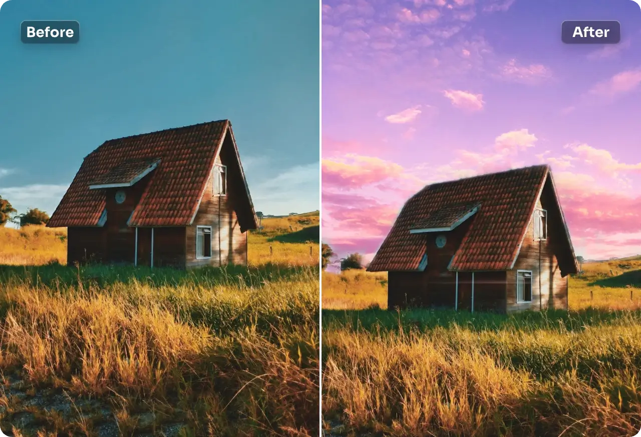 change the daytime background of a house image into pink twilight in seconds