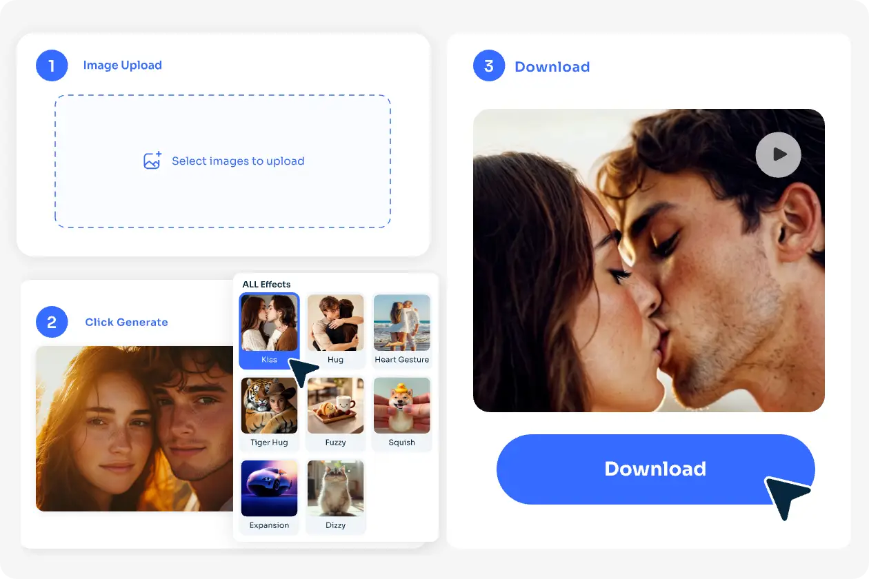 choisissez l'effet vidéo ai kiss et réalisez une vidéo de baiser de couple avec ai ease photo animator