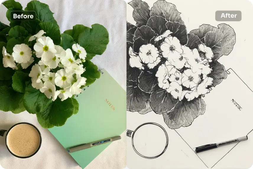 convert a bunch of flowers image into line sketch