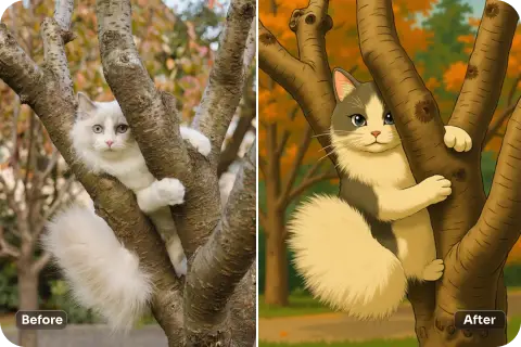 convierte una imagen de un gato arrastrándose por la rama de un árbol al estilo ghibli