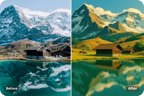 convertir una imagen de un lago limpio bajo una montaña nevada en estilo ghibli