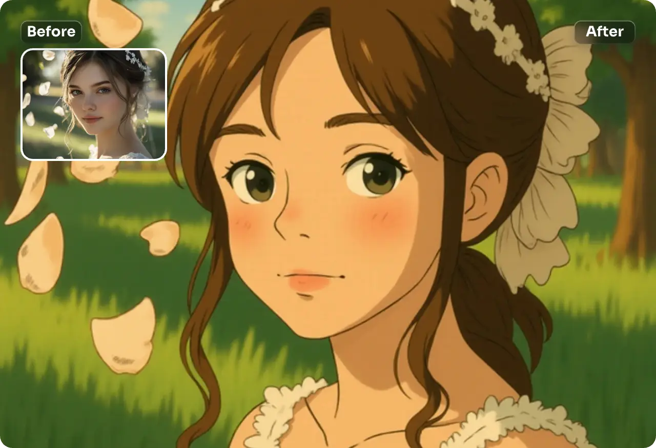 convertir un retrato de primer plano de una chica mirando a la cámara retrato en estilo anime ghibli