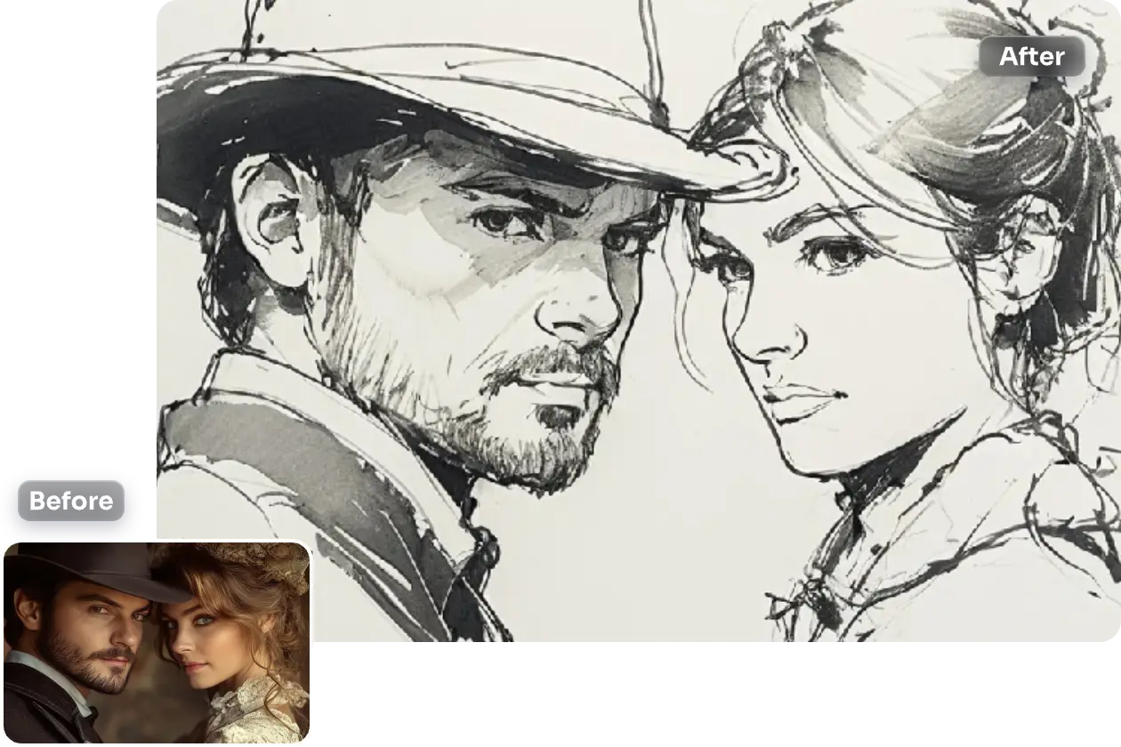 convert a couple looking at camera picture into black and white pencil sketch