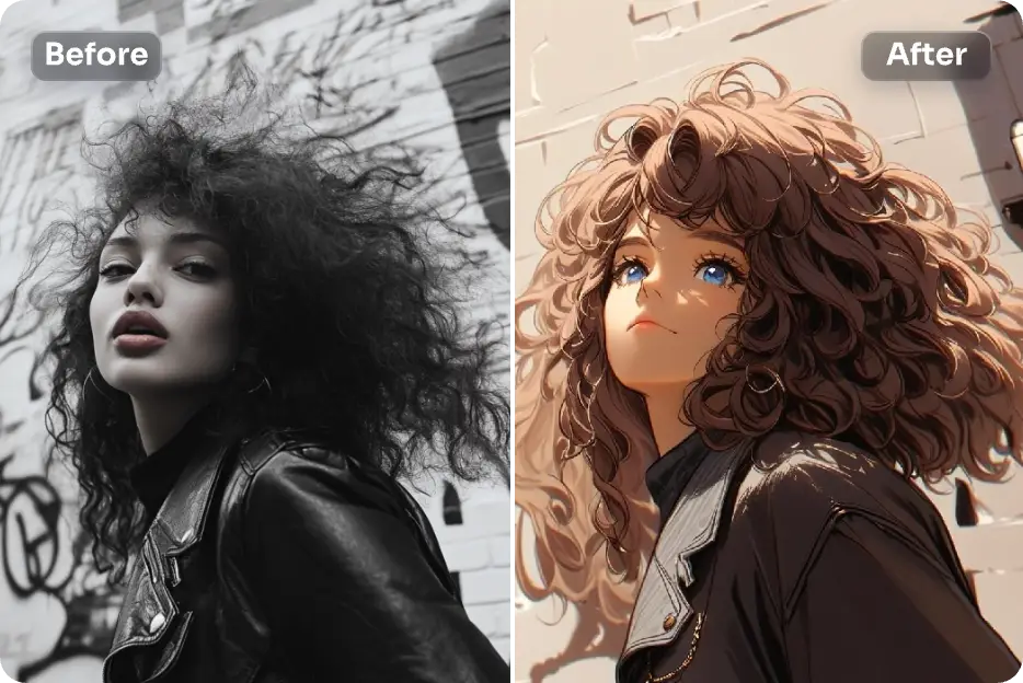 convierte una chica de pelo rizado en estilo anime en aiease ai style transfer tool