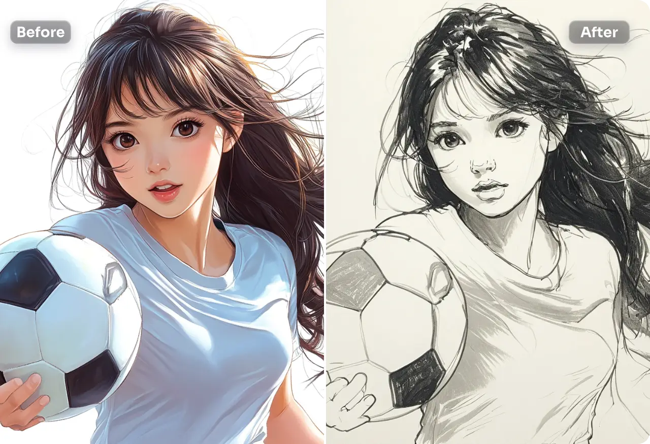 convert a girl holding a soccer image into line sketch with ai ease free stencil maker