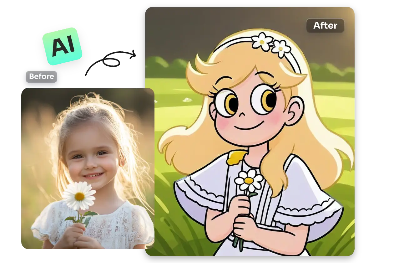 convert a little girl holding a flower image into flat cartoon in aiease