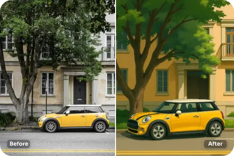 convertir en estilo ghibli un coche amarillo en una tranquila imagen callejera