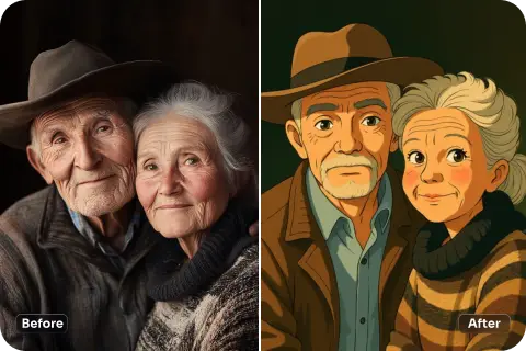 convierte la imagen de una pareja de ancianos apoyándose la cara en estilo ghibli