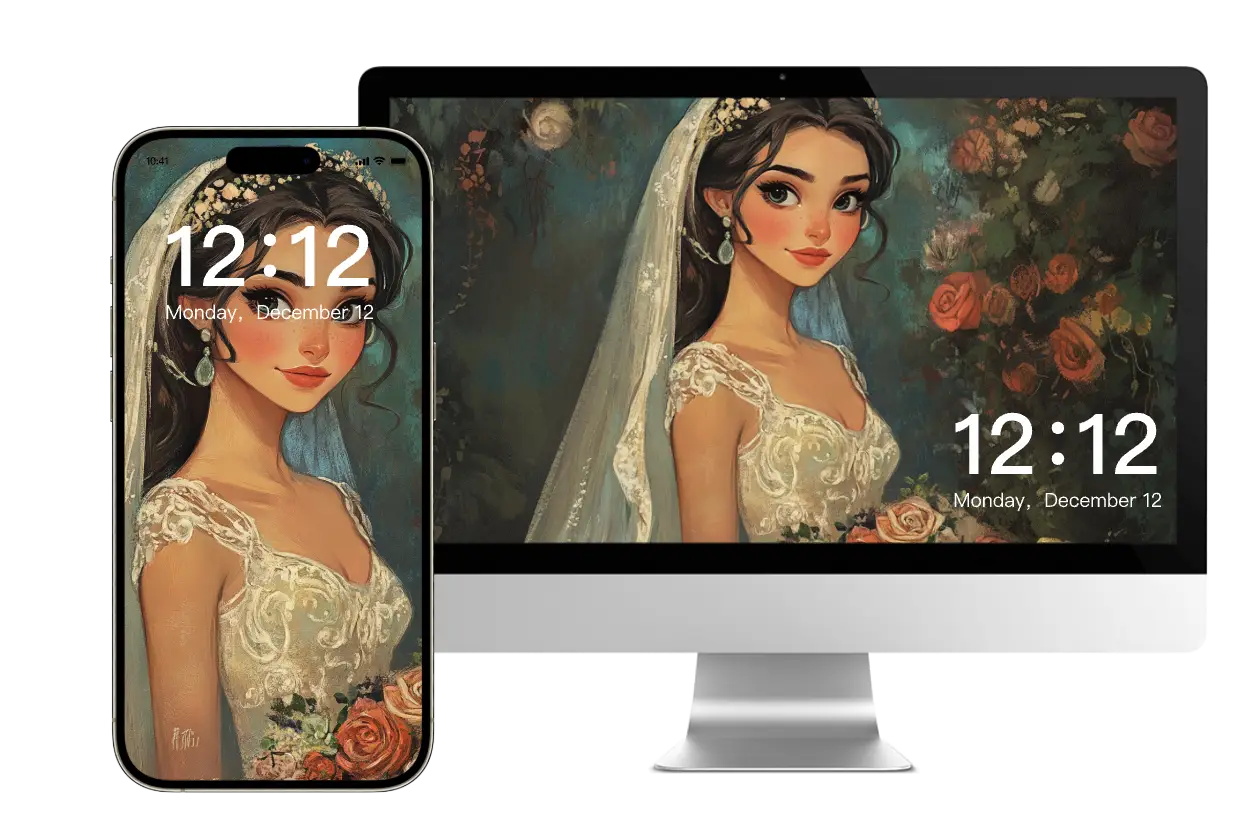 crea una novia al estilo disney y establece la imagen como fondo de pantalla para el teléfono y el escritorio