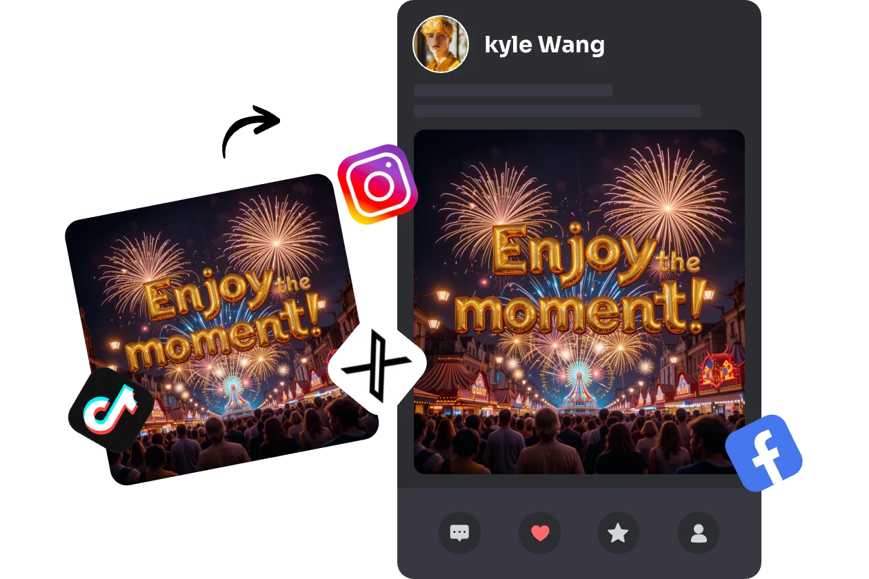 crea una palabra elegante de disfruta del momento y publícala en las redes sociales con los iconos ins x facebook y tiktok
