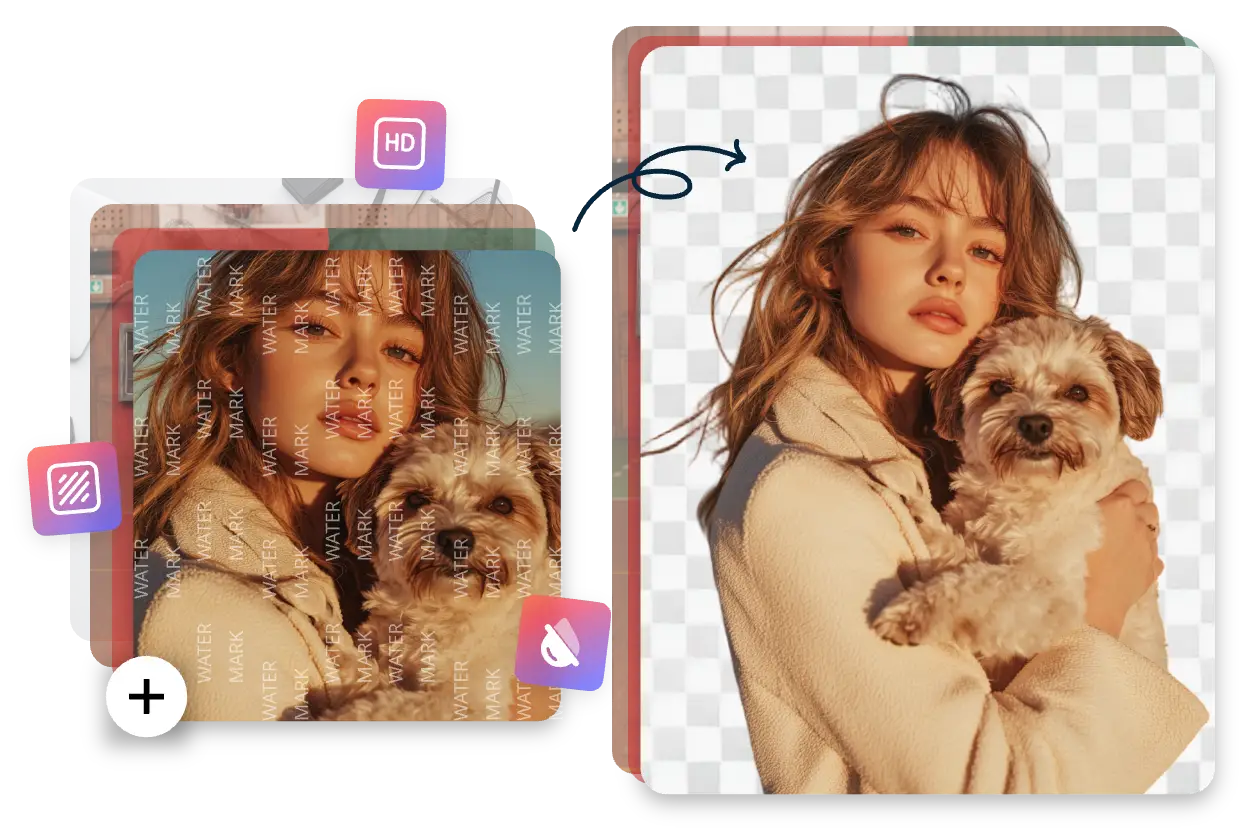 editar várias fotografias, incluindo uma imagem de uma rapariga a segurar um cão com três ícones no editor de fotografias em lote aiease