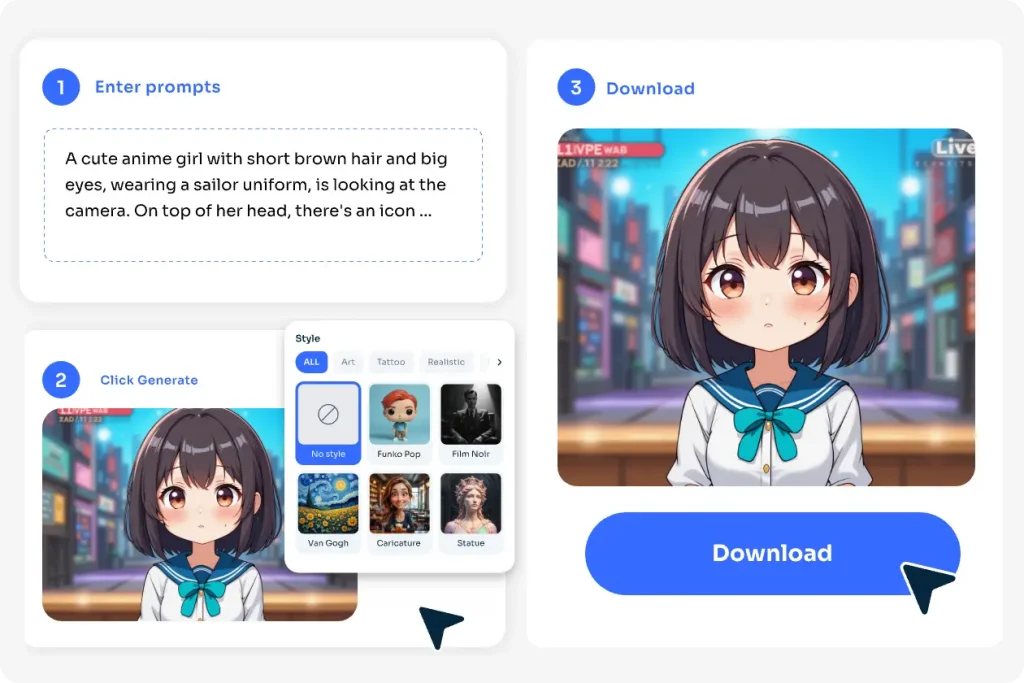 aiease pngtuber makerで少女アニメのVtuberを作成するには、プロンプトを入力し、スタイルなしを選択します。