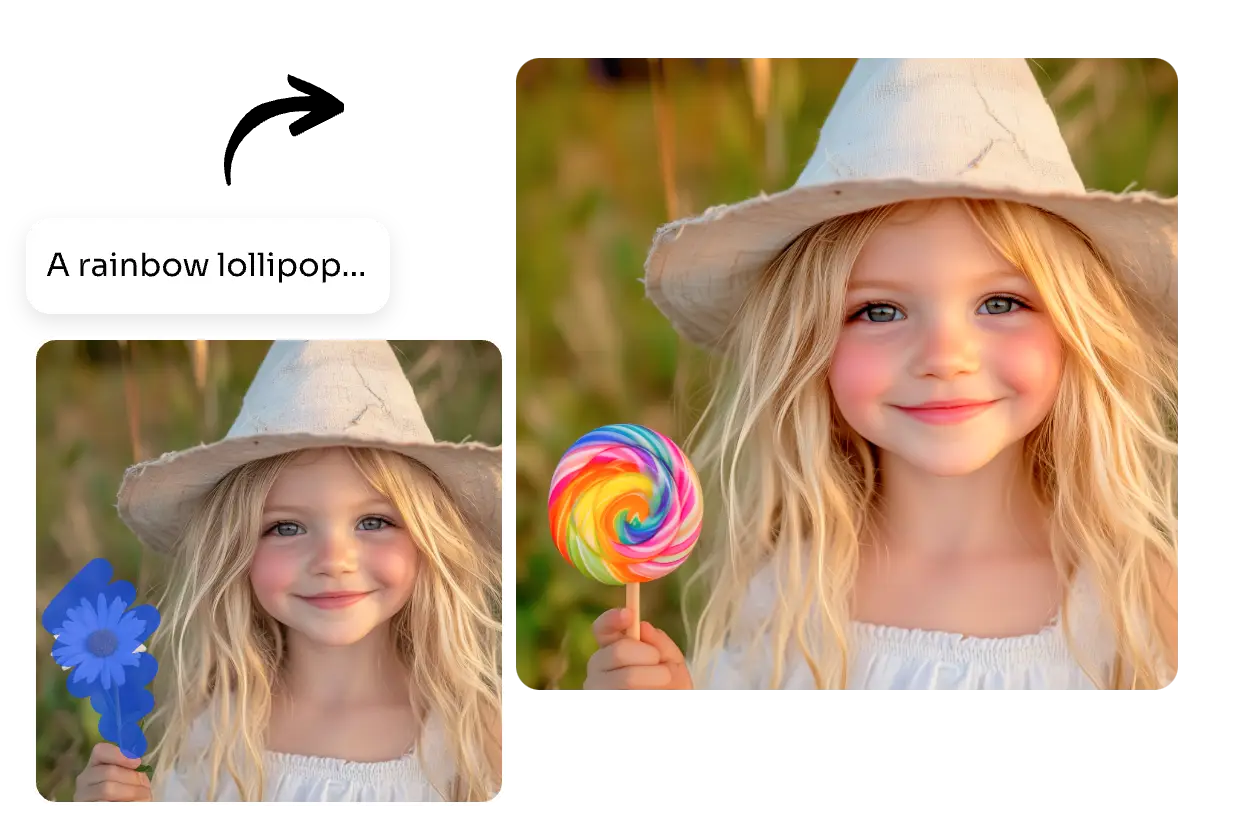 rellena la imagen de una niña con un caramelo usando el rellenador de imágenes ai online de AI Ease