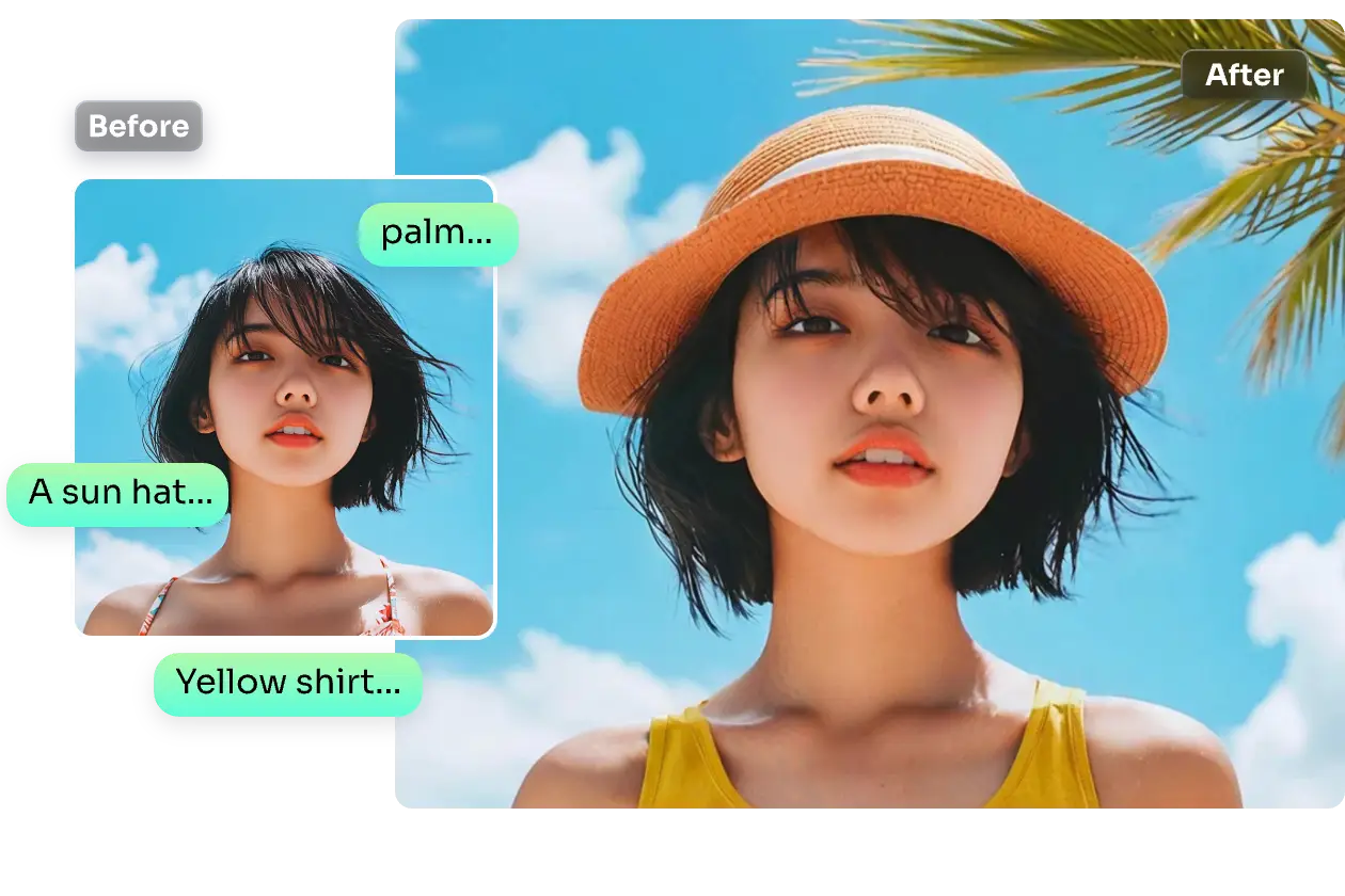 rellenar imagen de niña con palmeras, sombrero, nube con la herramienta de relleno generativo de AI Ease