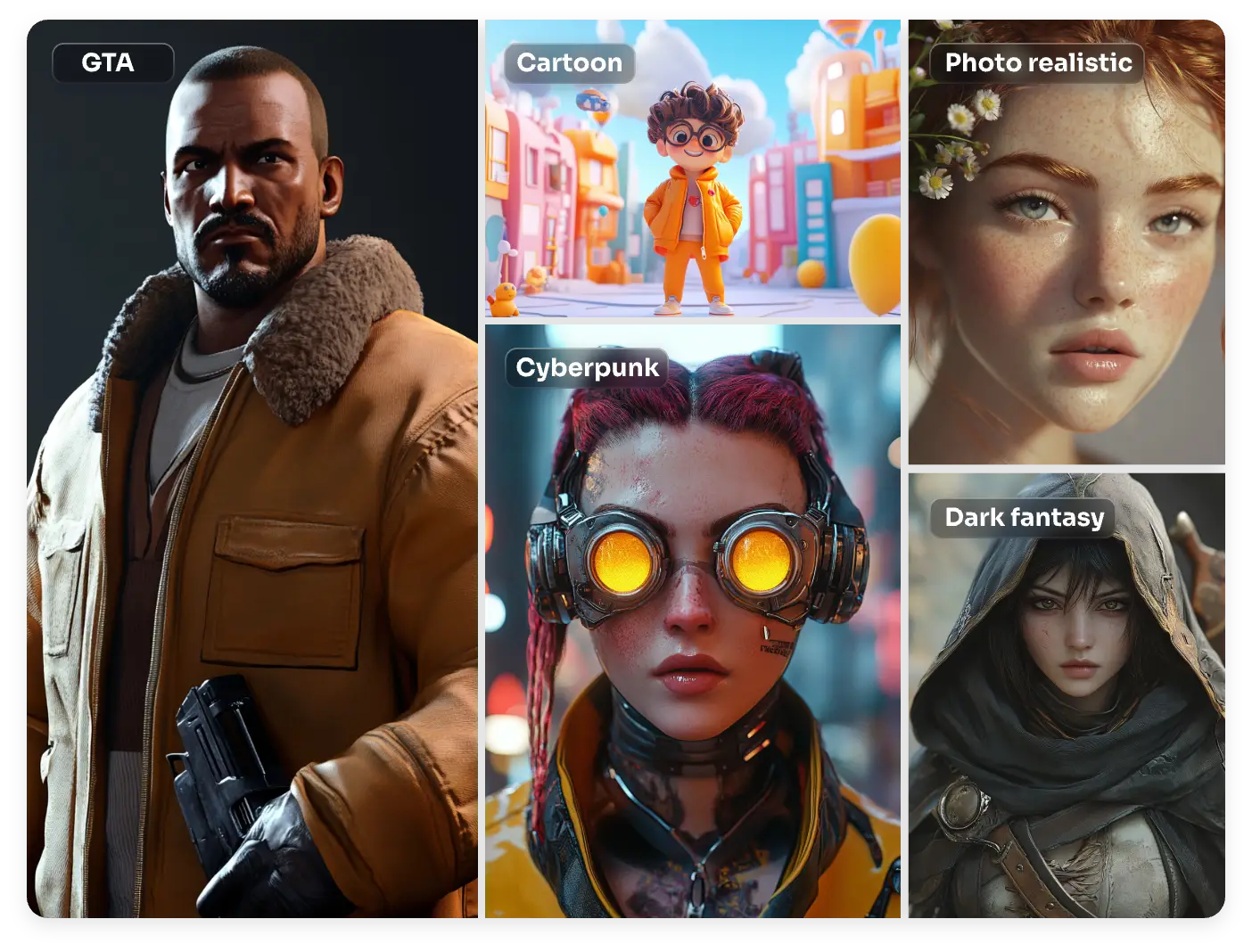 cinco personagens 3d de diferentes estilos, incluindo gta cartoon foto realista cyberpunk e dark fantasy feitos no aiease 3d character creator