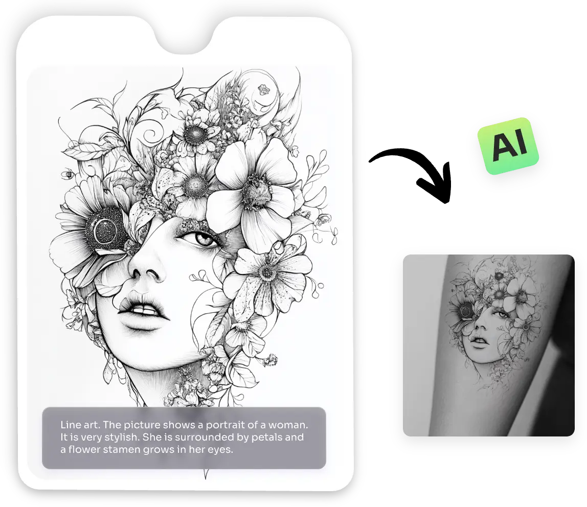 desenho de tatuagem de cabeça de mulher com flor gerado pelo gerador de esboços