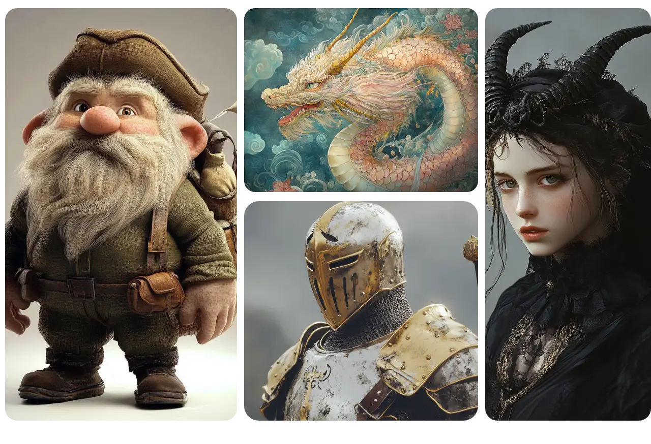 four fantasy characters of different styles including cartoon colorful made in aiease fantasy character generator