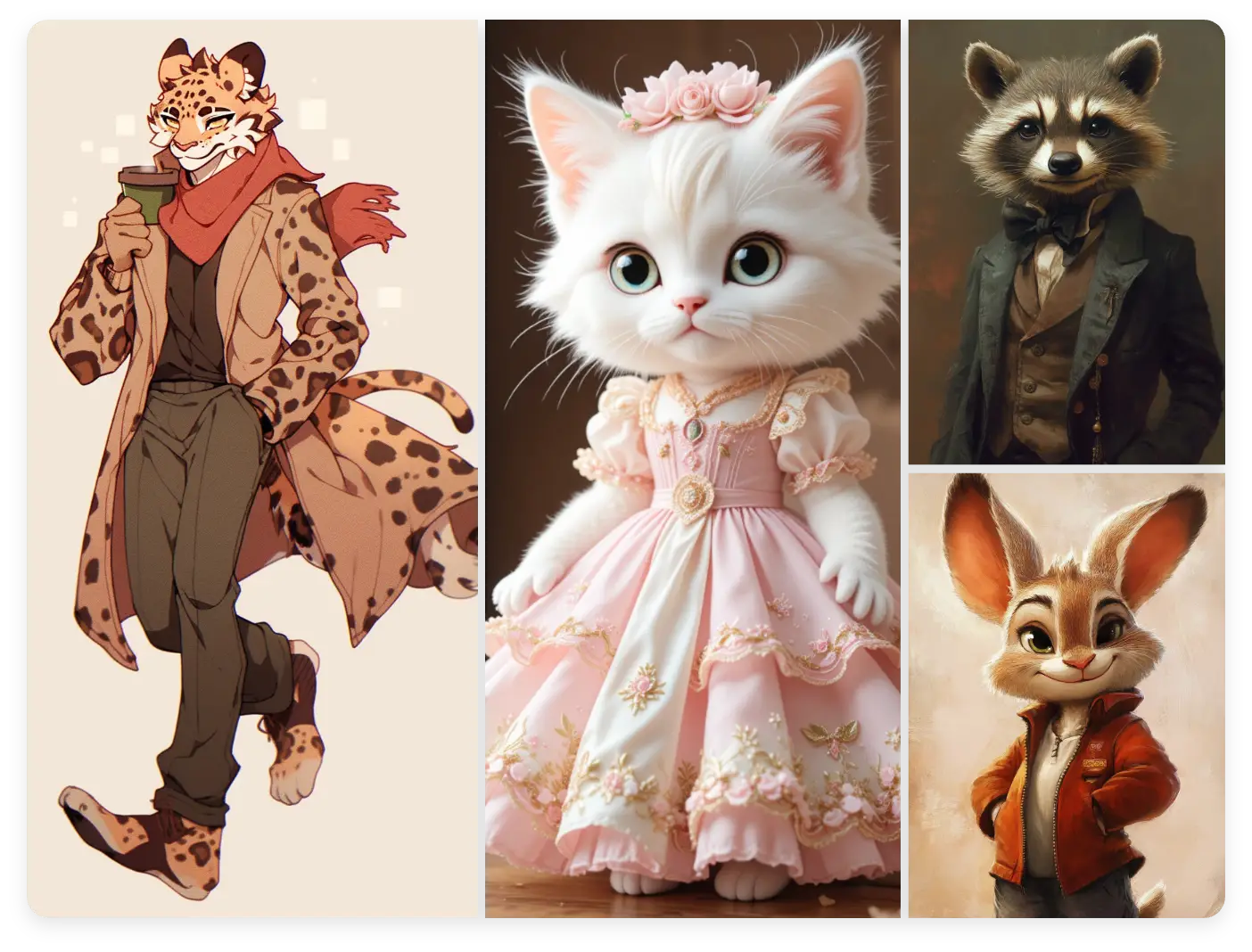 four furry characters of different styles made in aiease furry ai art generator