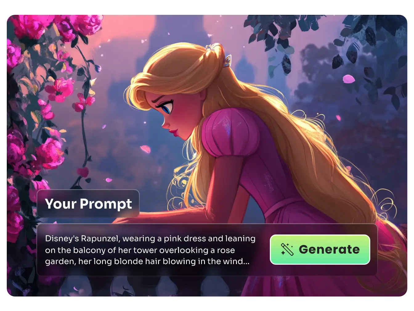 generar una imagen de la princesa disney rapunzel asomada al balcón introduciendo texto