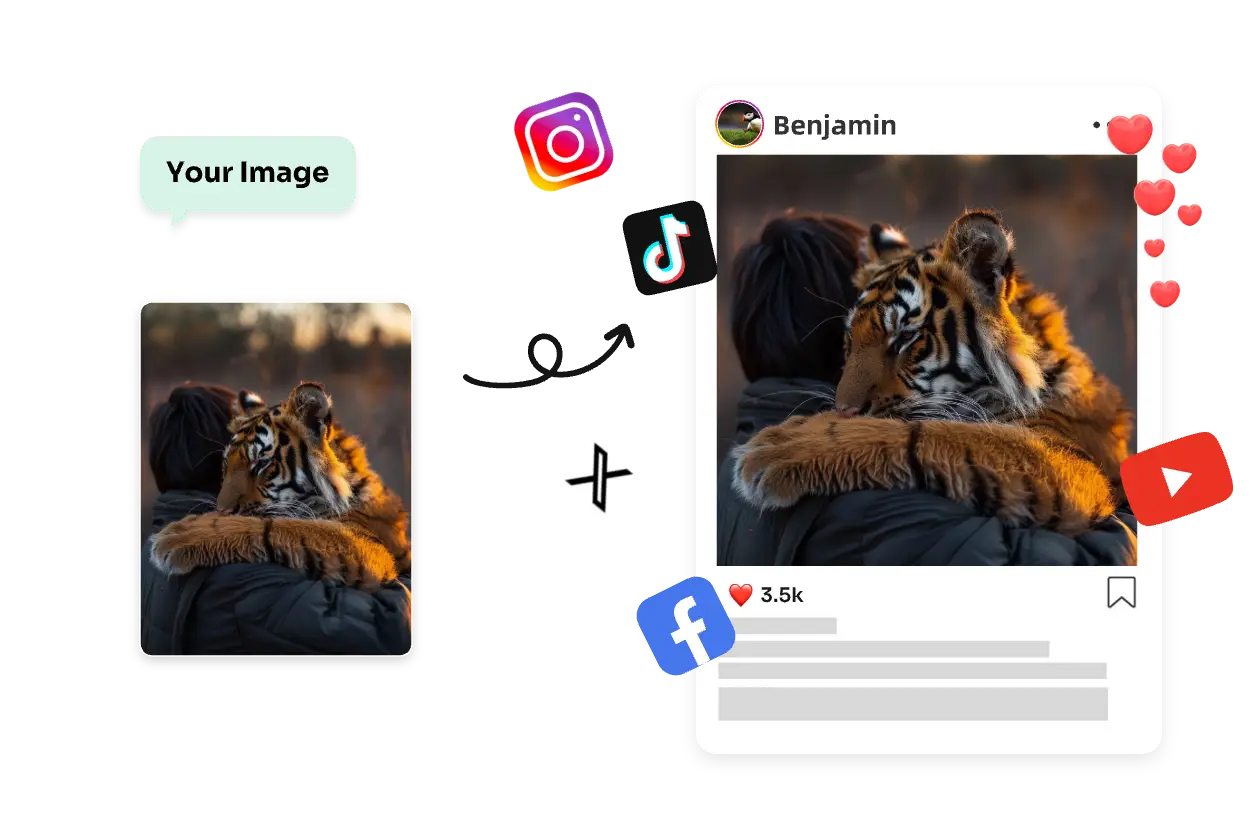 générer une vidéo d'étreinte d'un tigre par un homme et la partager en ligne sur les plateformes de médias sociaux