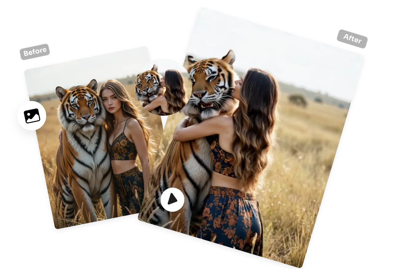 générez une vidéo ultra-réaliste d'une femme étreignant un tigre avec ai ease ai tiger hug video generator