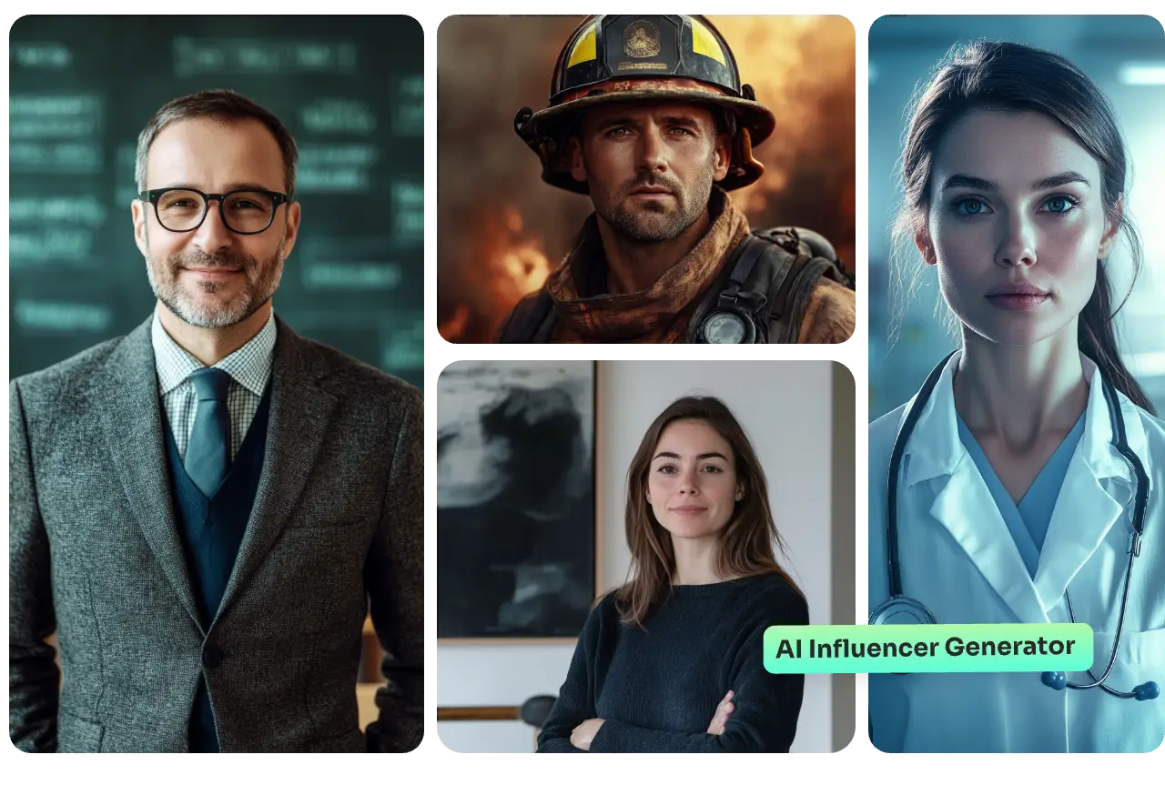 generate four ai influencers in different professions and costumes with ai ease ai influencer generator