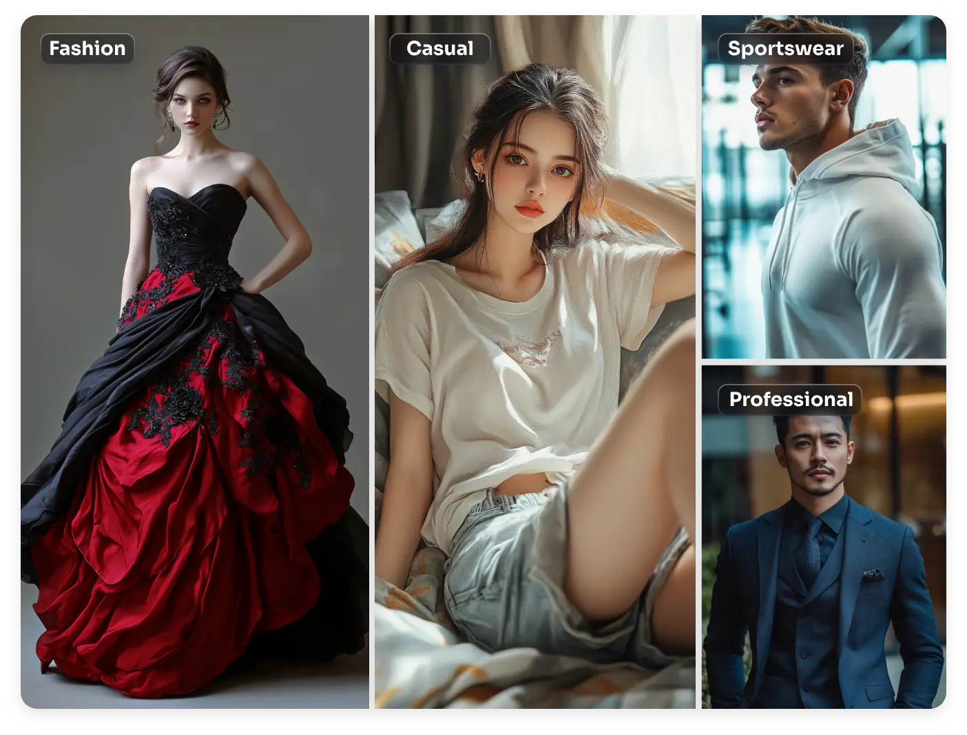 generate four ai influencers in different clothes prefect for all channels