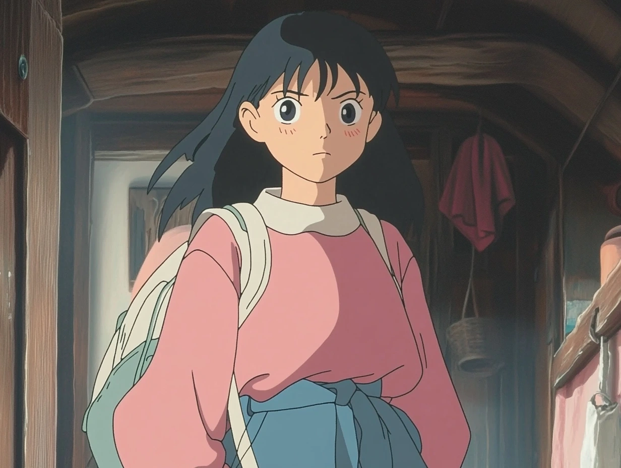 ghibli style a woman with a backpack staring forward