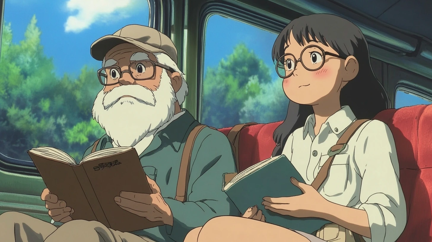 ghibli style a young woman and an old man reading on a bus