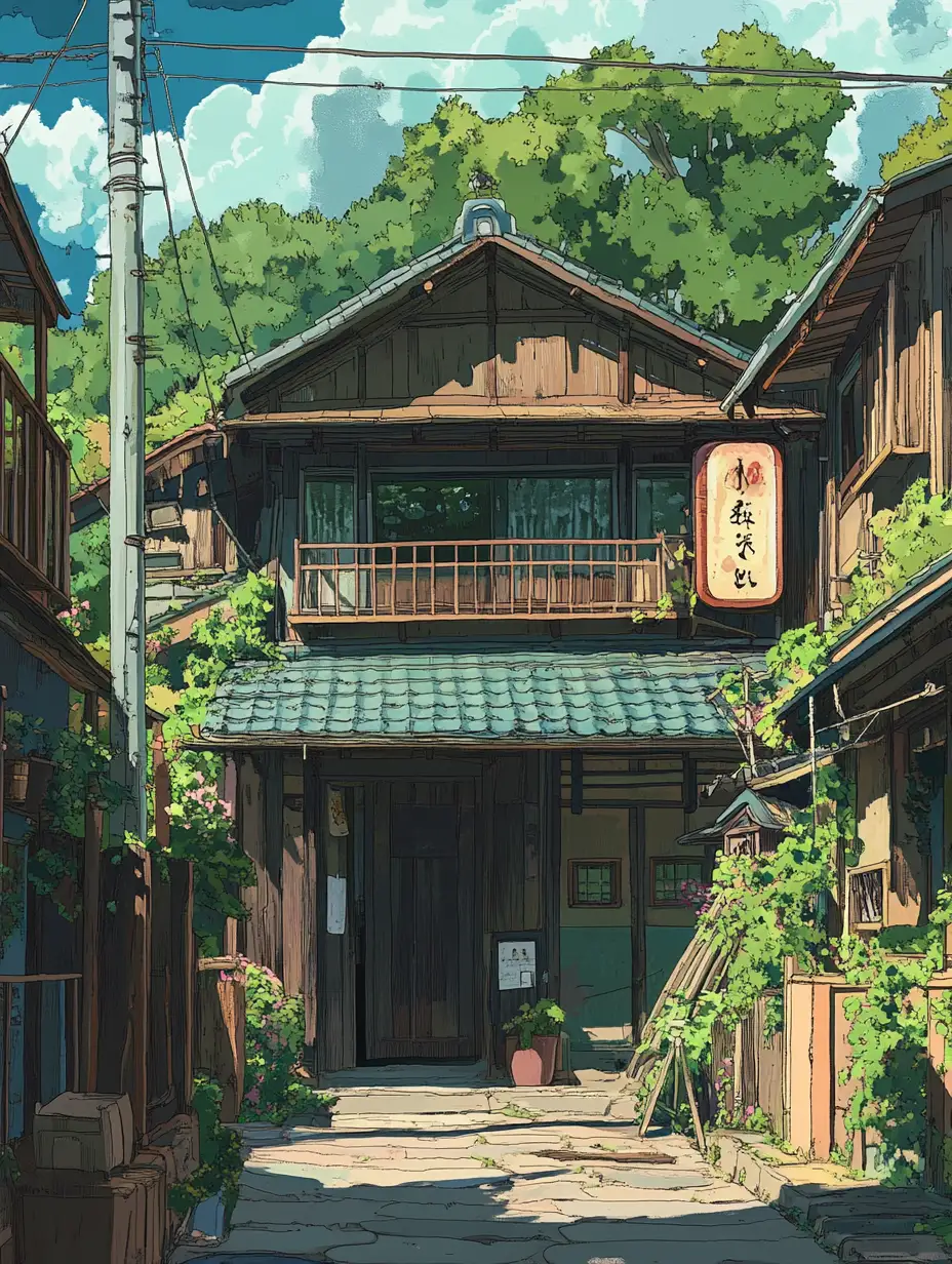 ghibli style country houses with flowing clouds and lush trees