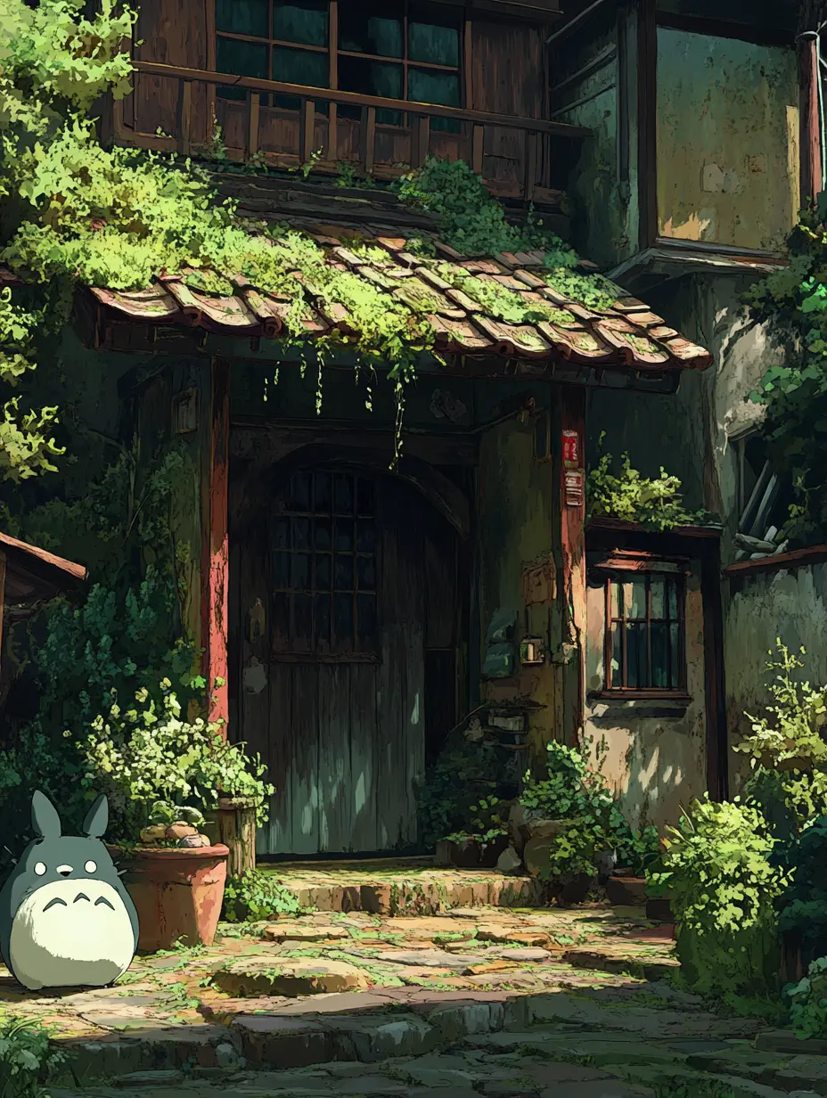 ghibli style tree house in the sun has creepers and potted plants at the door and a chinchilla at the door