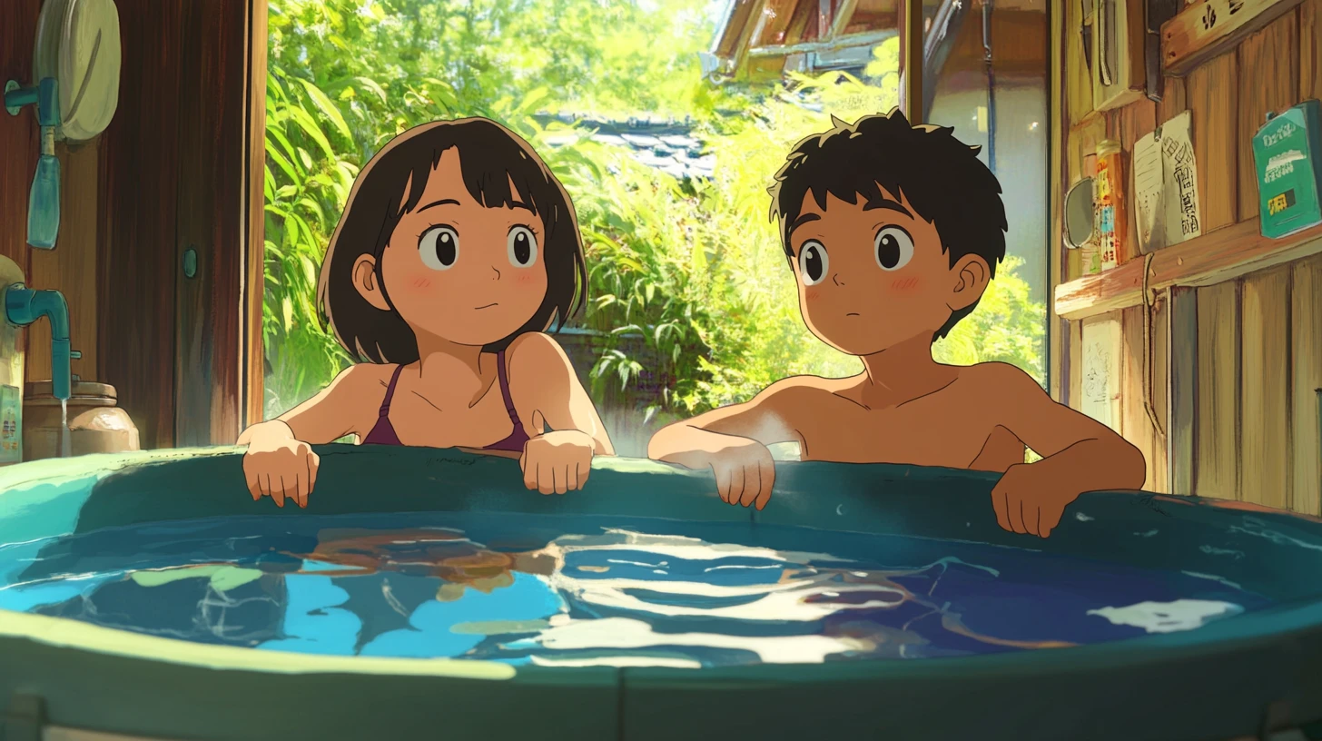 ghibli style two children squatting in front of a large basin looking at each other