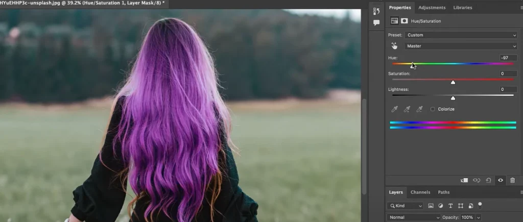how to change hair color in photoshop by adjust hue slider