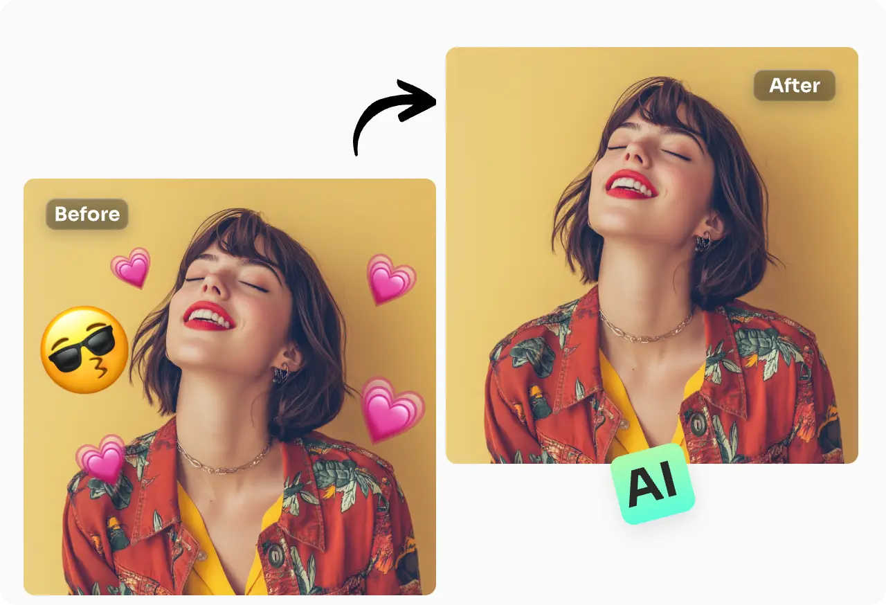 remover instantaneamente os emojis e os autocolantes de corações de um retrato de uma mulher a olhar para cima com os olhos fechados