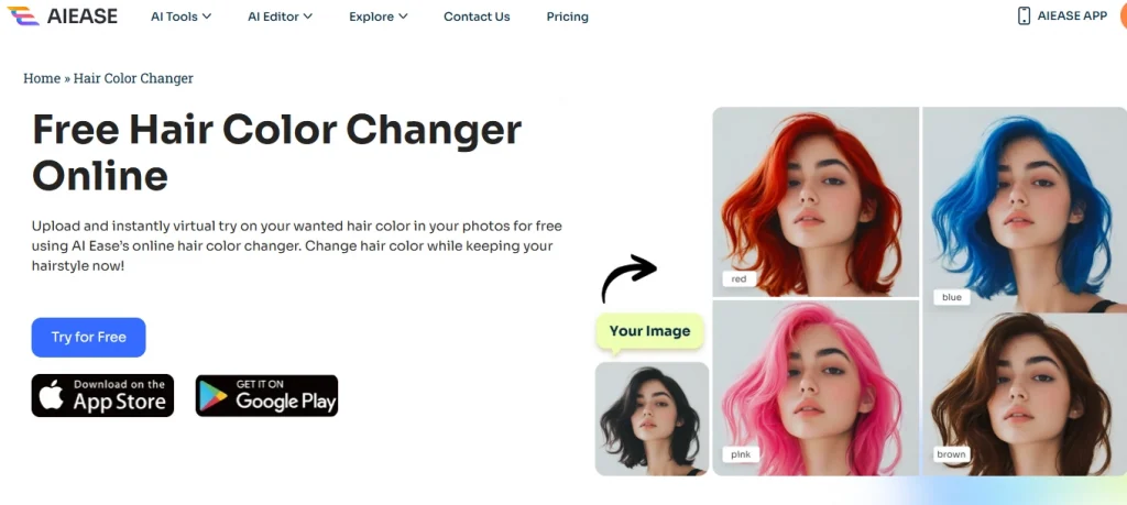 interface of ai ease free hair color changer online