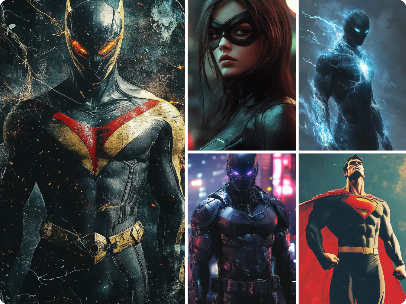 faire cinq personnages de super-héros en aiease ai superhero generator online