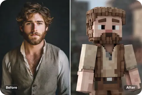 before and after effect of applying minecraft ai filter to a male image