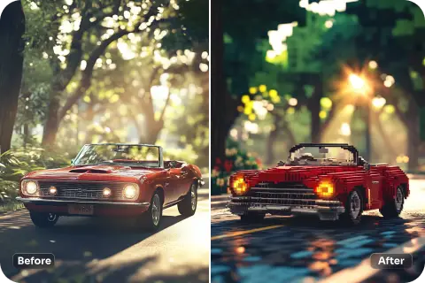 before and after effect of applying ai minecraft filter to a car image