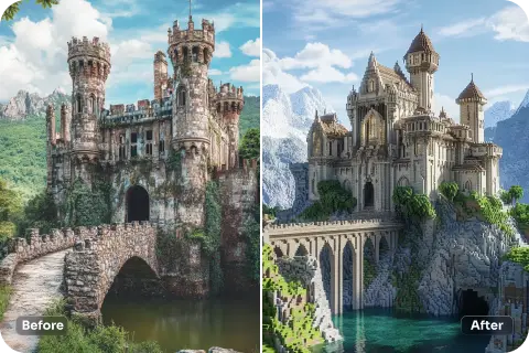 before and after effect of applying minecraft ai filter to a build photo