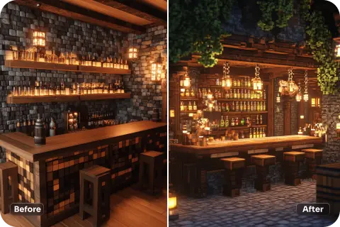 before and after effect of applying minecraft ai filter to a room image