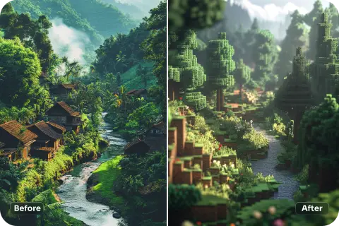 before and after effect of applying minecraft ai filter to a village photo