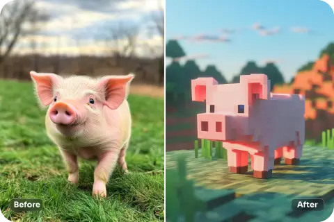 before and after effect of using minecraft ai filter to a pig image