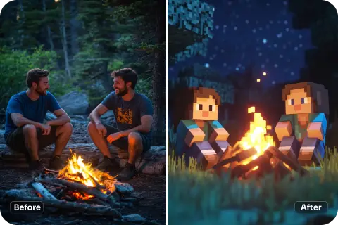 before and after effect of using minecraft ai filter to two men