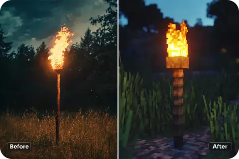 before and after effect of applying minecraft ai filter to a torch picture