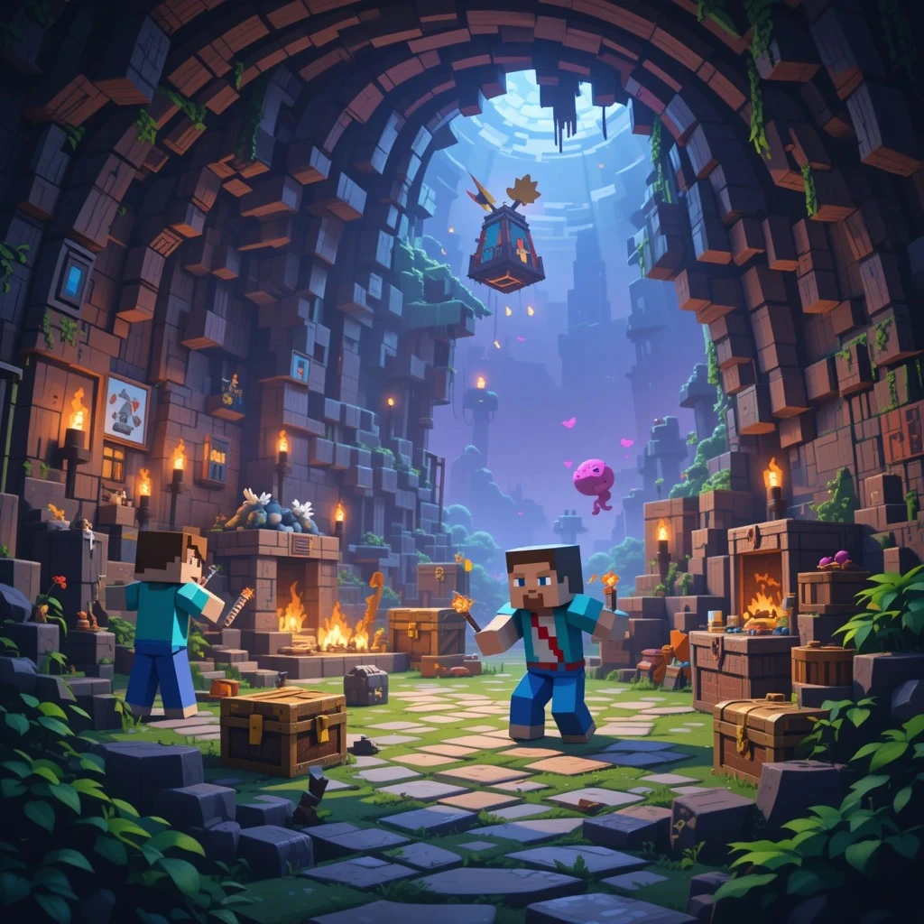 A Minecraft dungeon with torches and treasure chests.