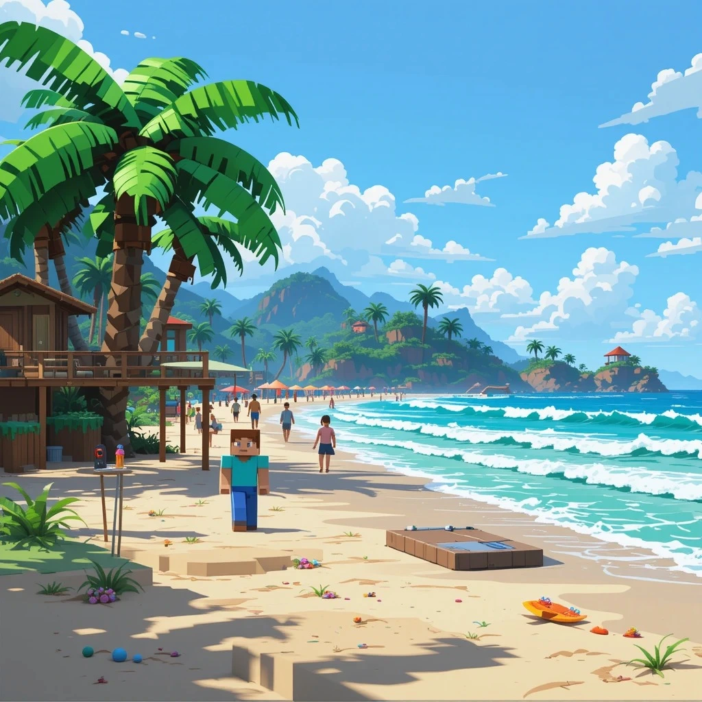 Minecraft sandy beach with palm trees and rolling ocean waves