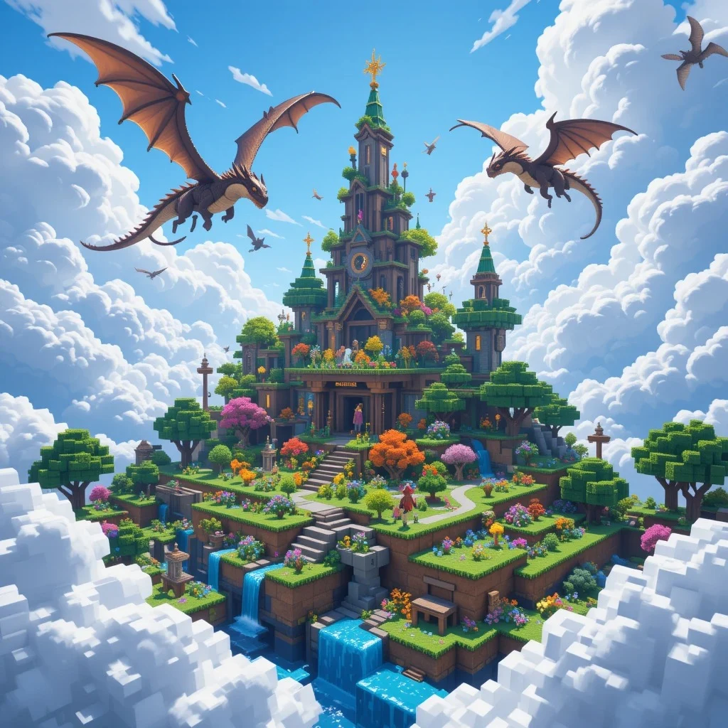 A Minecraft sky garden surrounded by flowing clouds and fantastical flying dragons