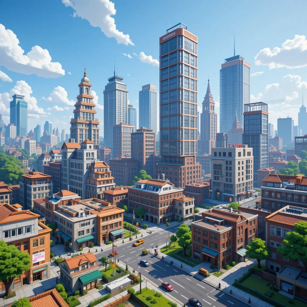 Booming modern towns with interspersed streets and skyscrapers in Minecraft Pixel art