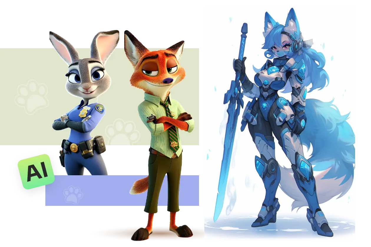 nick and judy and another classic furry anime characters made in aiease furry ai art generator